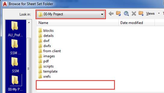 7. Save your Sheet Set file to your project folder as shown below. Notice how we have folders already presetup for our project.