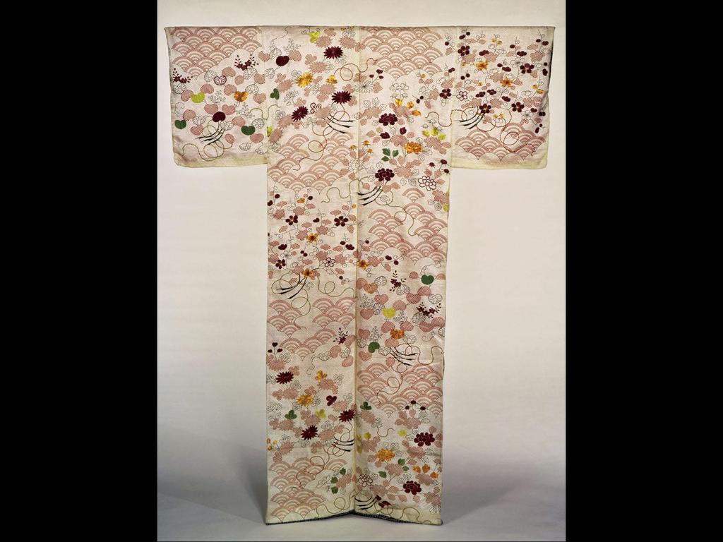 Kosode Robe, Edo Period, white satin ground with silk and metallic thread embroidery,