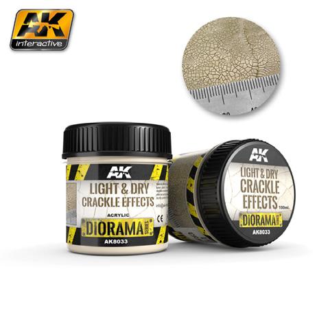 AK8032 DARK & DRY CRACKLE EFFECTS Dark and Dry Crackle Effects has been formulated for creating dark and crackled soil on the lower surfaces of vehicles, dioramas, and vignettes.