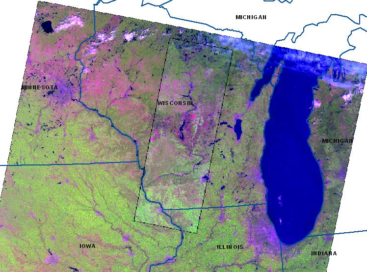 Figure 4. Intersection of (central image) and AWiFS (full swath image) over Wisconsin, 7/31/06. Ground truth information was obtained from the USDA / Farm Service Agency (FSA).