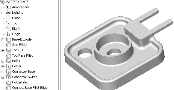 Engineering Design with SolidWorks The FeatureManager displays all successful feature name icons. The BATTERYPLATE is completed. LENS The LENS is a purchase part.