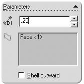 The Shell feature requires a face and thickness. Use the Shell feature to create thin-walled parts. Create the Shell feature. 141) Select the face.