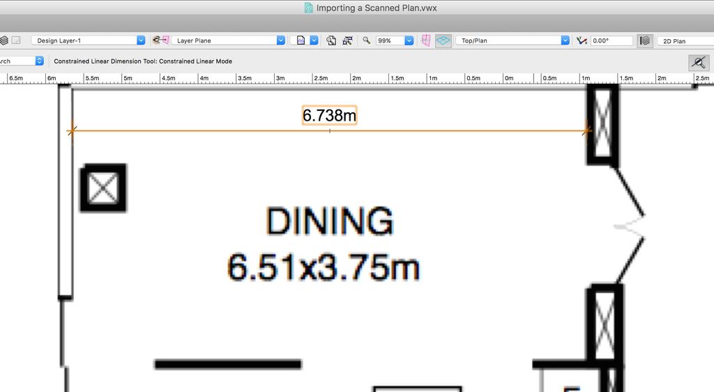 Let s check the size of objects in this image. If we measure the width of this dining room for instance, we can see that it measures 6.738 meters, but the drawing indicates it should be 6.