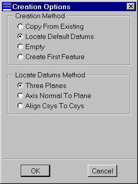 To begin a part that references geometry in an assembly, select Insert - Component Create Select Locate Default Datums and Three Planes. Select the planes as directed on the next page.