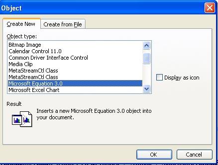 Now select Microsoft Equation 3.