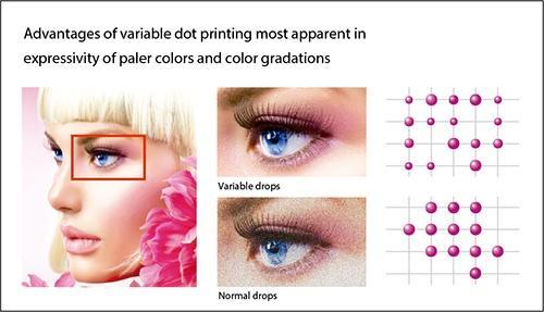 Smooth and beautiful color gradations are created by Mimaki's original head control technology Variable drops function provides 3 different drop sizes at once.