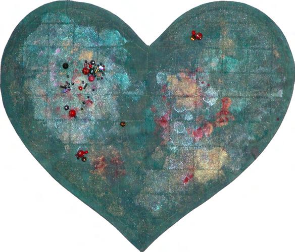 Painted Grid Heart Heart Pattern #3 two layers of fabric and one piece of flannel, 12¾" x 14" each HRFive temporary spray adhesive fabric marker metallic fabric paint and pearl or gold to mix the