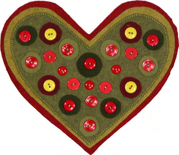 t h r o u g h t h e n e e d l e Layered Button Heart Heart Pattern #4 three pieces of wool or felt in different colors HRFive temporary spray adhesive 18-23 assorted buttons.