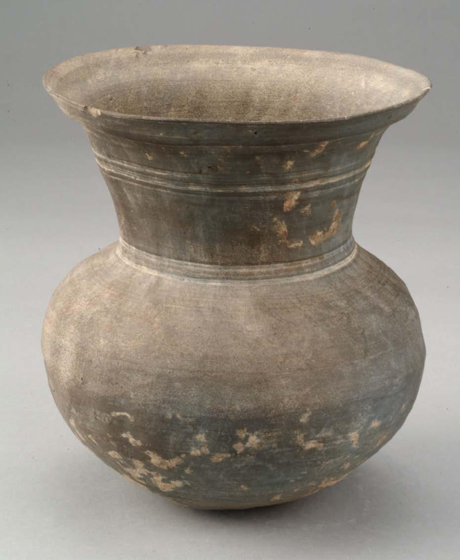 Round-bottomed Jar with Flaring Mouth ca. 500 CE unglazed stoneware with incised decoration UMMA 2004/1.183 Clay requires firing temperatures of 1000 degrees Celsius or more to vitrify into stoneware.