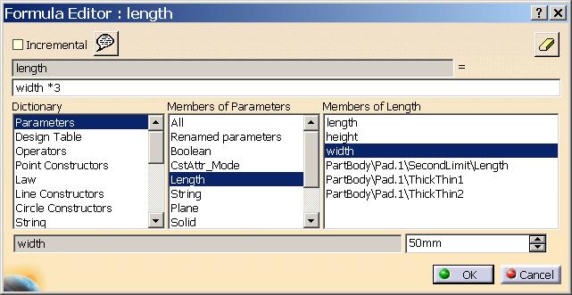 .. 70 mm Figure 173: Formula editor with renamed Parameters The parameters can be renamed by simply selecting them and modifying the name in the input line.