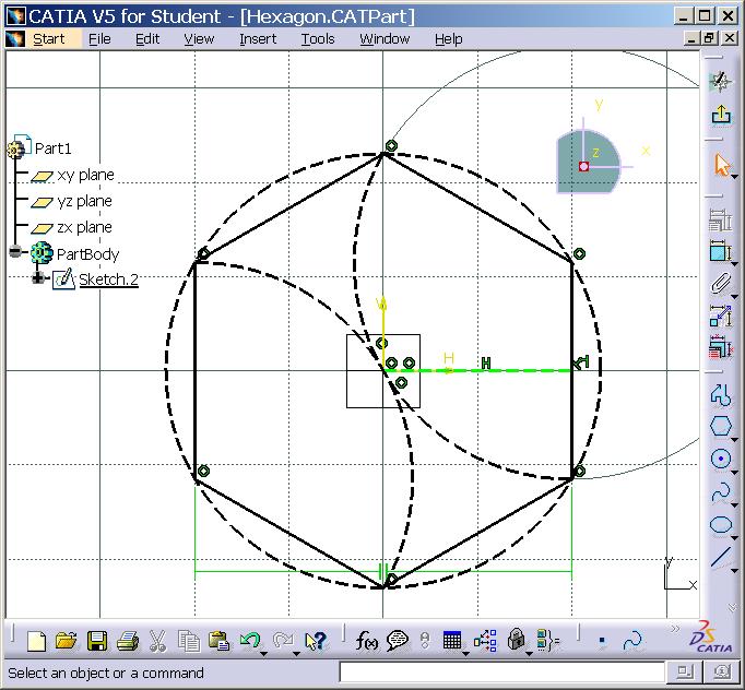 Alternative hexagon design: CATIA provides the feature Hexagon, which creates a regular hexagon. The required input data are the center point of the hexagon and the center point of one of the edges.