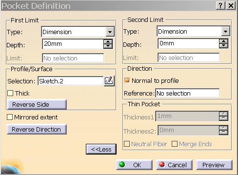 Figure 51: Pocket definition After picking the button Pocket, a definition box appears.