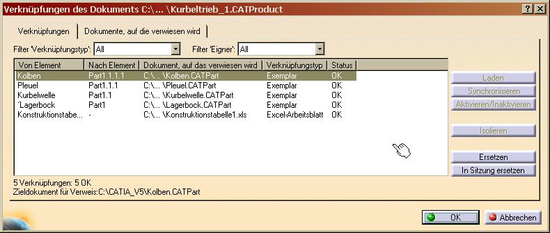 9.3. The Desk in CATIA V5 The Desk shows all links of an assembly, as there are links to Components, Design Tables or external objects that have been inserted.