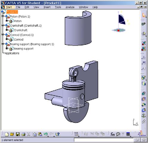 CATIA positions the inserted components according to their location regarding the coordinate systems in the Part structure. The four Parts can be seen in the Specification Tree.