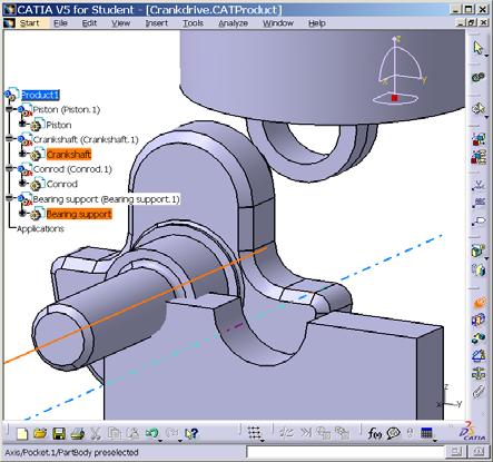 The next Constraints are applied to the Crankshaft which has to be positioned relative to the Bearing block using a Coincidence Constraint (axis of the Crankshaft and axis of