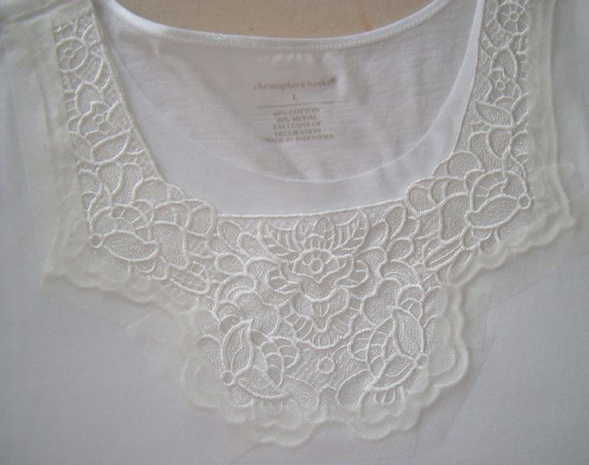Stitch over the outline satin stitches of the lace to attach it to the shirt.