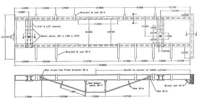 The main frame construction went much easier than the tender frame because I'd developed some expertise doing the tender frame. The following drawing is the 3-Truck Main frame provided by Kenneth.
