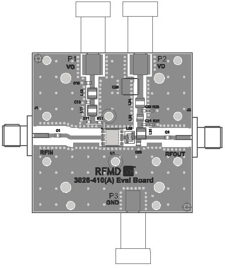 Evaluation Board Layout Device Impedances* RF3826PCBA-410 (30MHz to 2500MHz) RF3826PCBA-411 (200MHz to 1800MHz) Frequency Z Source (Ω) Z Load (Ω) Z Source (Ω) Z Load (Ω) 30MHz 49.8 - j1.5 41.4 + j4.