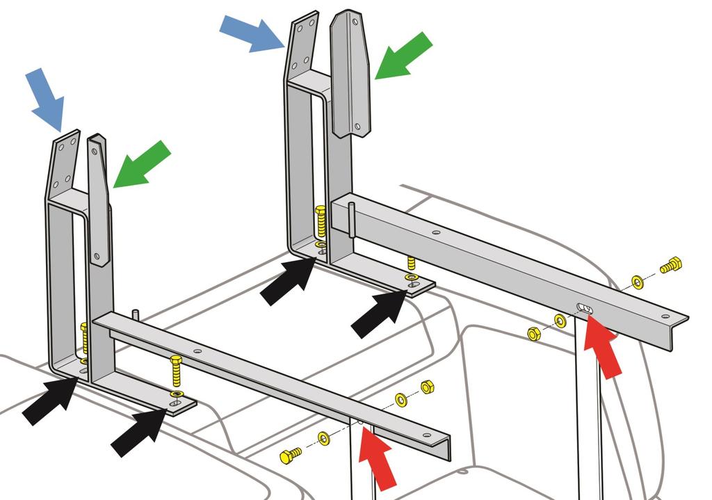 3. Loosely fasten the utility box support frames where the original seat back supports were installed using (4) 3/8-16 x 1-1/2 Hex Head Bolts and (4) 3/8 Flat Washers (black arrows).