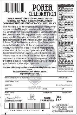 Exhibit A Ticket Back Ticket Back Language: 443,825 WINNING TICKETS OUT OF 1,560,000. OODS OF WINNING A TOP PRIZE, 1 IN 520,000. OVERALL ODDS (INCLUDING BREAK-EVEN PRIZES) 1 IN 3.51.