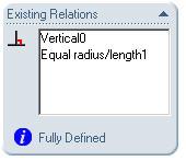 Individual geometric relations are displayed in the Existing Relations text box. Short Cuts save time. Right-click Select to choose geometry.