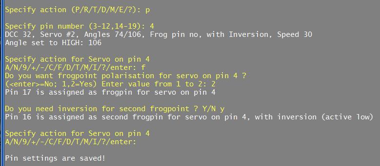 F-Command (Frog point) With the F-command Mardec will automatically assign a pin number to which you can connect a relay for frog point polarisation. For just one relay select 1.