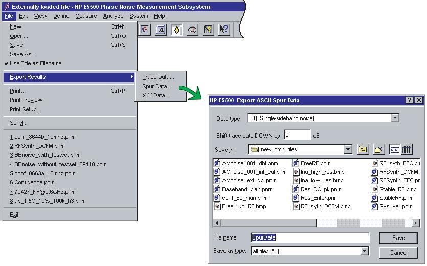 Expanding Your Measurement Experience 4 Exporting spur data 1 On the File menu, point to Export Results, then click on Spur