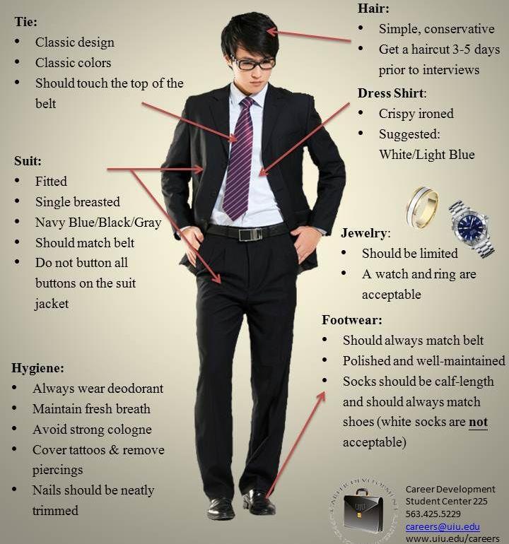 Business Attire Men Clothing should be ironed. Hair should be styled.