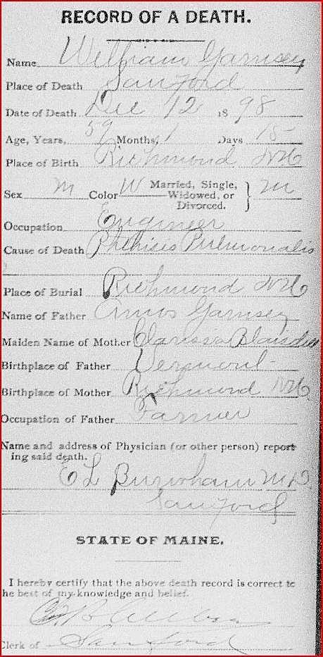 Field Title Death *Deceased s Given Name William *Deceased s Surname Garnsey Deceased s Titles or Terms Sanford Maine *Death Month Dec *Death Day 12 *Death Year 1898 *Age 59 *Deceased s Gender M