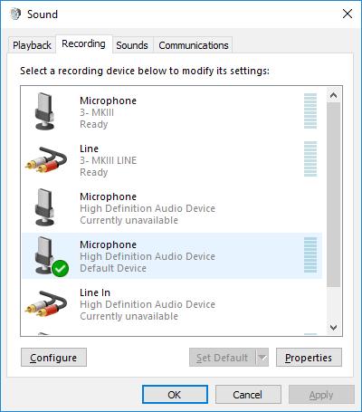 Now select Recording tab. Reset Default Device and Default Communications Device to a microphone input on the internal (primary) sound card in your computer.