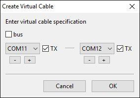 Cables & Bridges Cables (software null modem cable) create interconnected virtual ports transferring data in both direction, which can be configured as a point to point pair like com0com, or point to