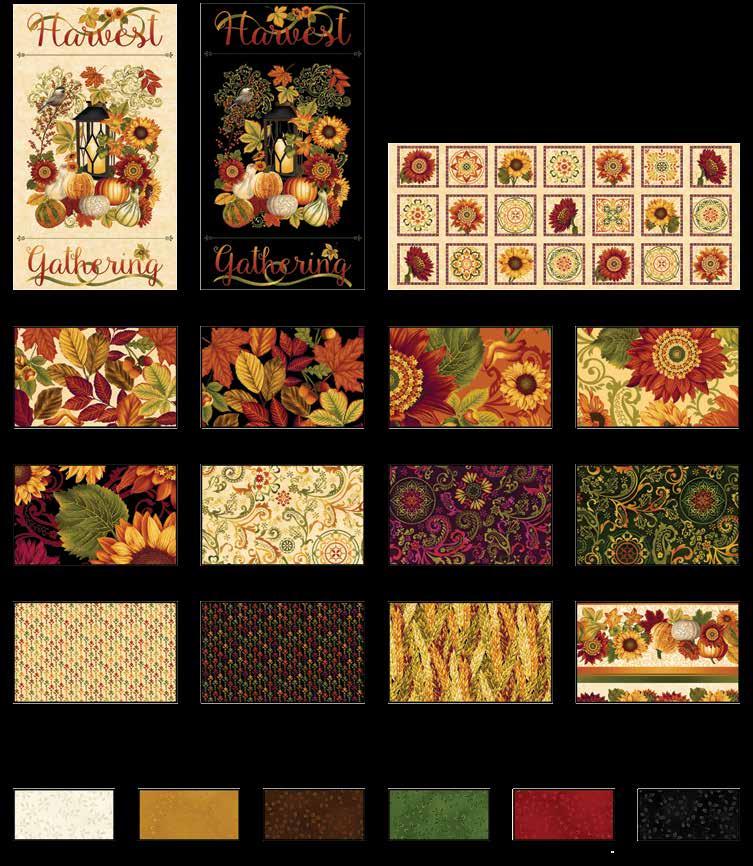 Fabrics in the ollection Finished Runner Size: 56 x 20 Finished Place Mat Size: 17 x 12 Harvest Gathering Panel ream 8768P-44 Harvest Gathering Panel Black