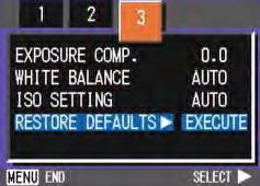 3 Returning the Shooting Menu Settings to their Defaults (RESTORE DEFAULTS) You can restore the Shooting Menu defaults, returning the settings to what they were at the time of purchase.