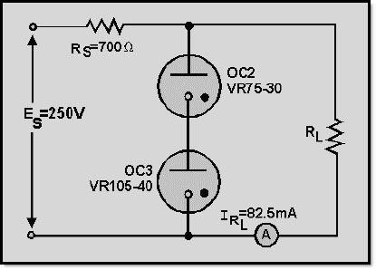 3.2.6.3.1 VR Tubes Connected in Series In applications where a regulated voltage in excess of the maximum rating of one tube is required, two or more tubes may be placed in series as shown in figure 3-45.