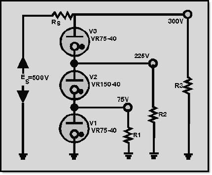 Another advantage of using VR tubes in series is illustrated in figure 3-46. In this circuit, several values of regulated voltages are obtained from a single power supply.