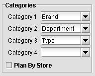 o Categories Choose up to four categories to plan at. If you check the Plan By Store option, it will make the store the lowest level of planning.