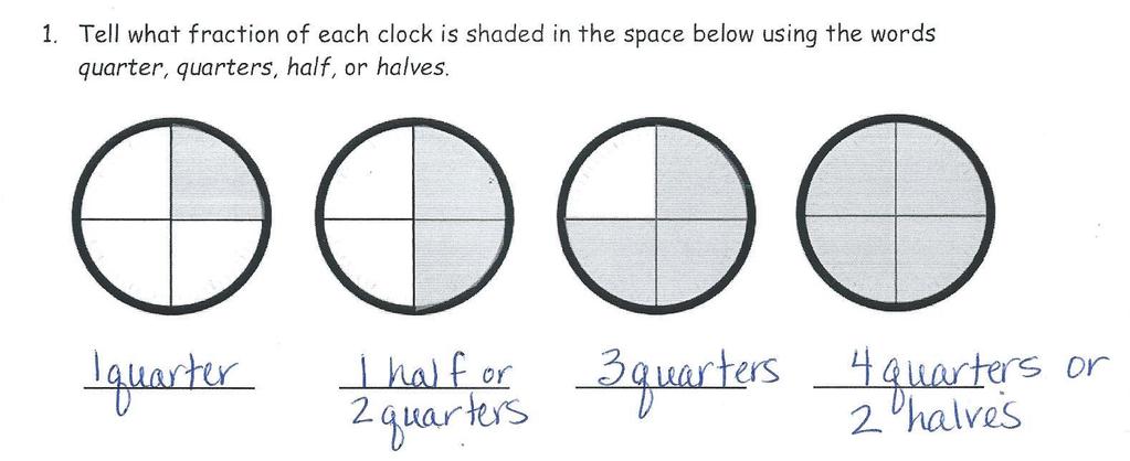 Page25 Lesson 13 Objective: Construct a paper clock by partitioning a circle into halves and quarters, and tell time to the half hour or quarter hour. Homework Key 1.