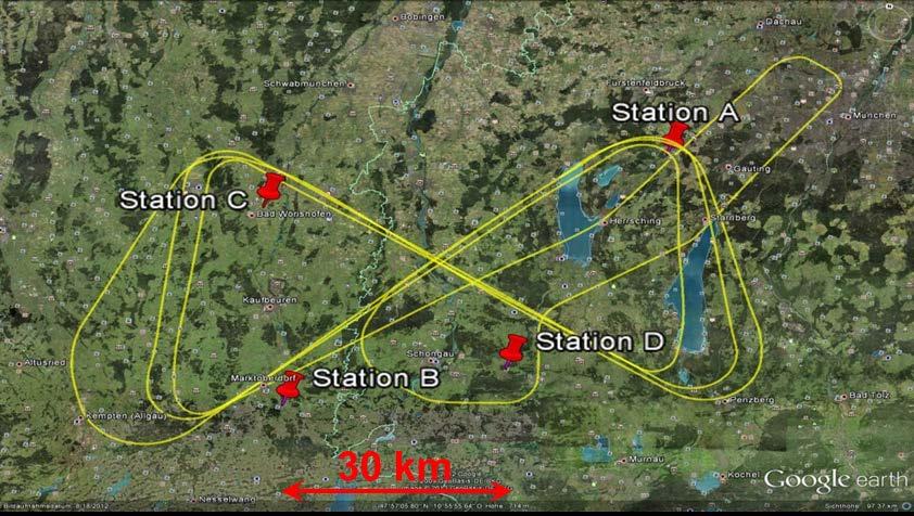 - 5 - Figure 2: Distribution of LDASC1 ground stations and flight path patterns. 3.4 To evaluate the ranging performance in a real world environment, DLR performed a flight measurement campaign.