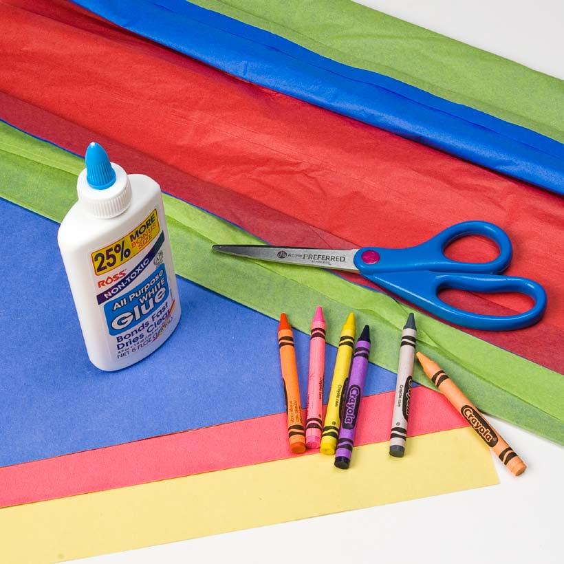 Tissue Paper Turkey Tissue paper Construction paper Crayons Glue Scissors nd 1. Using a crayon, trace the child s ha per. onto plain or colored construction pa 2. Cut out the shape. 3.