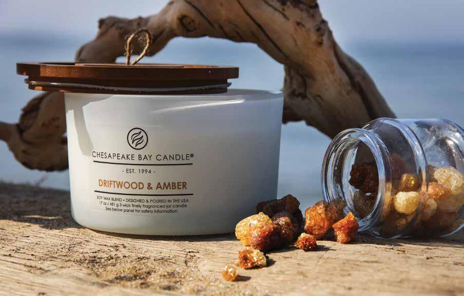DRIFTWOOD & AMBER Sun soaked driftwood and coconut water wash over the white hot sands of the bay. Silky gardenia and cashmere-infused vanilla sink into a musky base of sandalwood and amber.