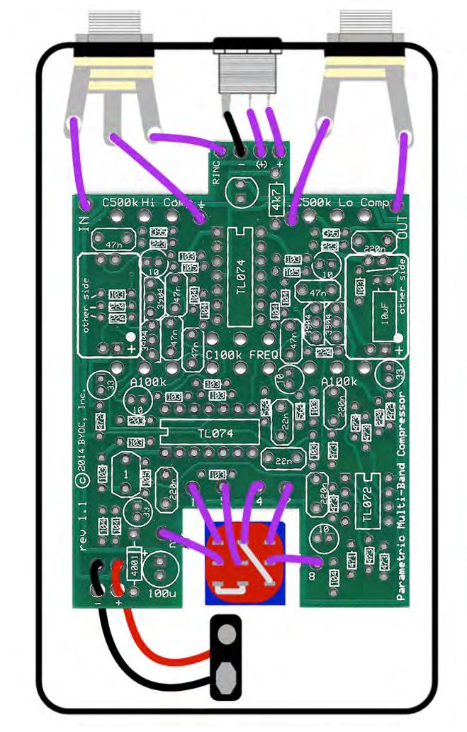 Step 5: Connect the wires at the top end of the PCB to the IN and OUT jacks. The out eyelet will go to the tip of the OUT jack and the in eyelet will go to the tip of the IN jack (refer to page 22).