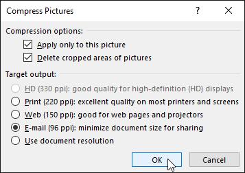 Additionally, cropped areas of pictures are saved within the document by default, which can add to the file size. Thankfully, you can reduce your document's file size by compressing your pictures.