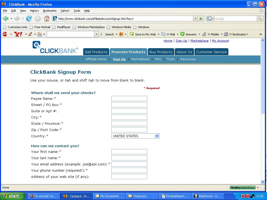 Fill out the Clickbank sign up form, making sure that you have filled in all of the required fields, as you can't proceed without them.