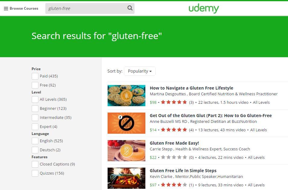 You can do the same thing on Udemy. Udemy gives you some specific information product ideas that people are already selling, gluten free.