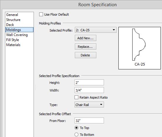 Applying Room Moldings Uncheck Use Floor Default, and then click the Add New button. In the Select Library Object dialog, either search or browse to find a chair rail profile that you like.