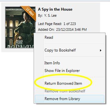 e-reader 14 Returning Titles If you would like to return your e-book before the expiration date of the title (i.e. remove completely from your account) you will need to select the title that you want to return early.