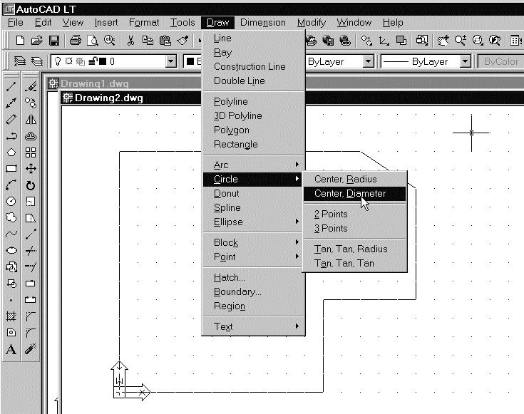 1-18 AutoCAD LT 2002 Tutorial Creating Circles The menus and toolbars in AutoCAD LT 2002 are designed to allow the CAD operators to quickly activate the desired commands.