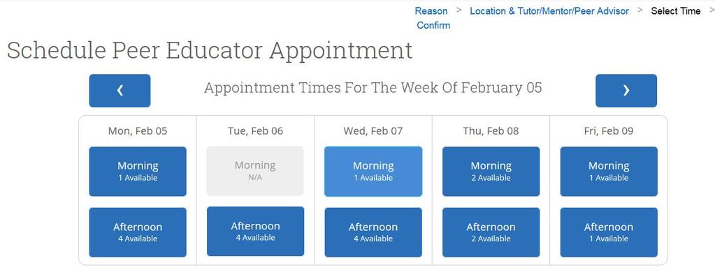 The appointment scheduling interface displays, showing you our availability for the course or appointment reason you selected. The system will show you the current week by default.