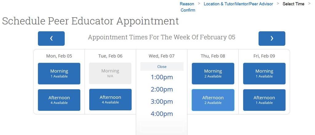 When you click on an available time, you will get a breakdown of the hourlong appointments available within that time. Morning is 10am12pm and Afternoon is 1pm5pm.