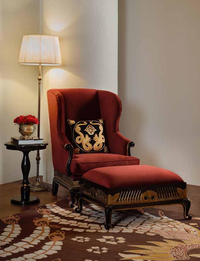 ACCENT CHAIR & OTTOMAN Inspired by the Javanese Royal Kingdom, this classic silhouette of accent chair & ottoman offering a stately experience.